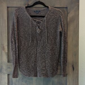 American Eagle Outfitters Brown V-Neck Sweater with Lace-Up Detail